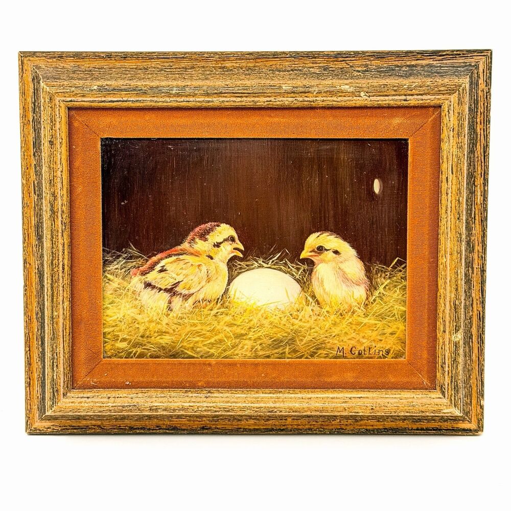 Vintage Original Oil Painting Baby Chicks Egg Signed Framed Farmhouse Decor